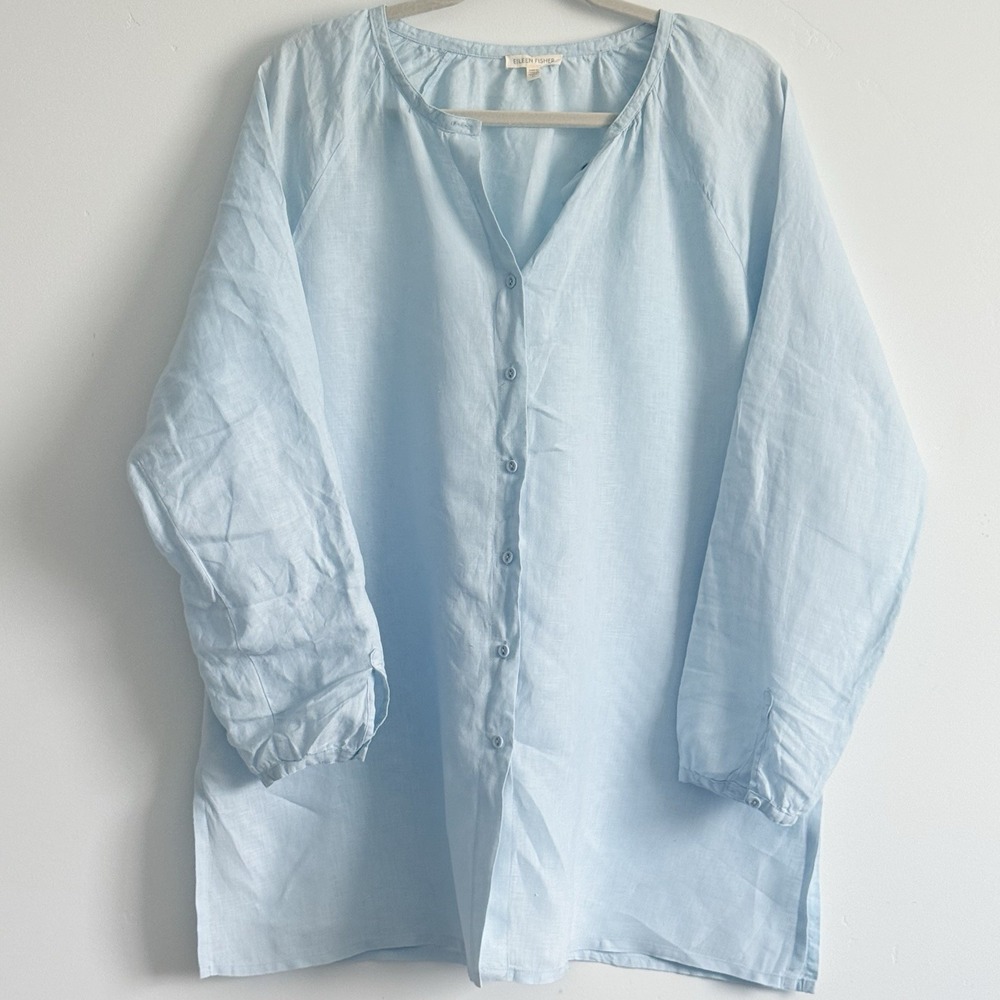 Eileen Fisher Garment-Dyed Shirt M Handkerchief Italian Linen Long Euro Summer